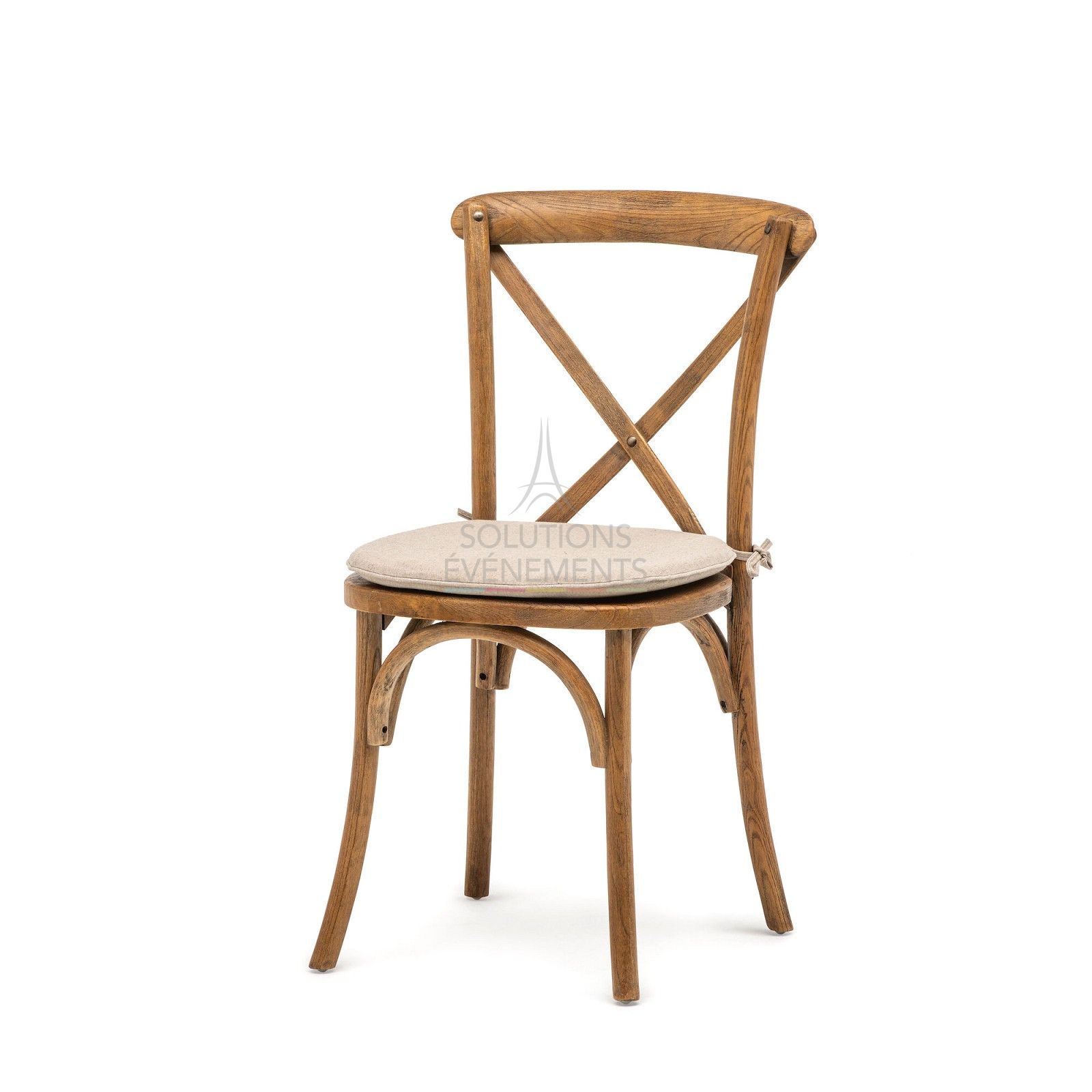 Location chaise de qualité avec dos croisé en bois et coussin moelleux M1.