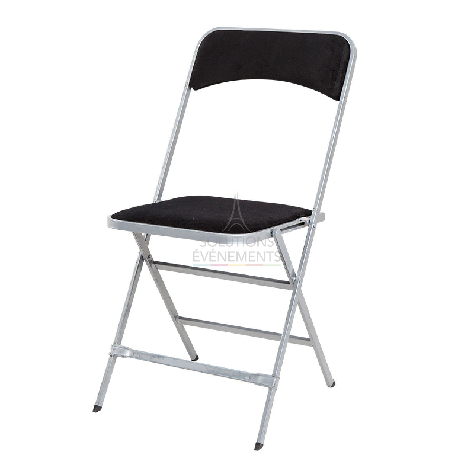 Gray folding chair rental with black velvet