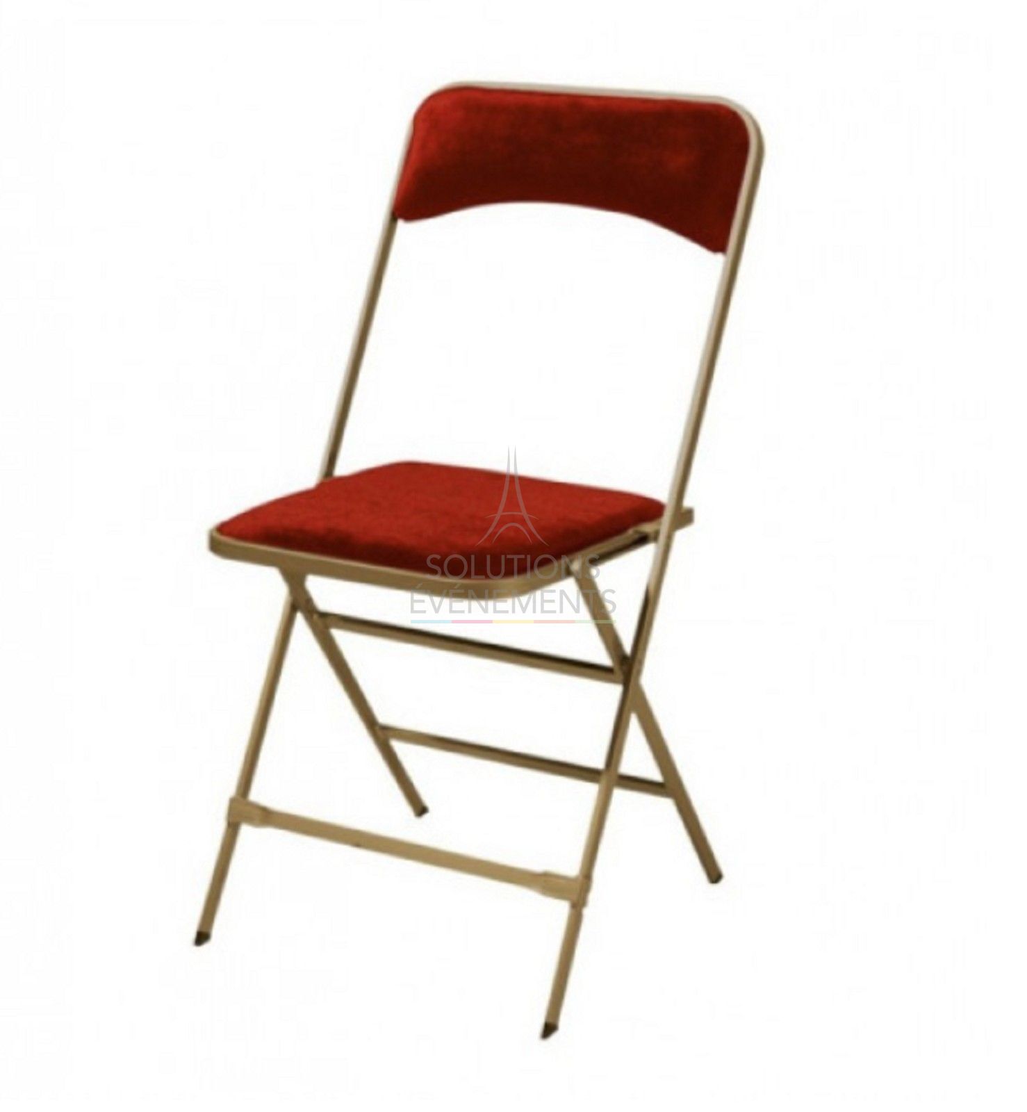 Gold folding chair rental with red velvet
