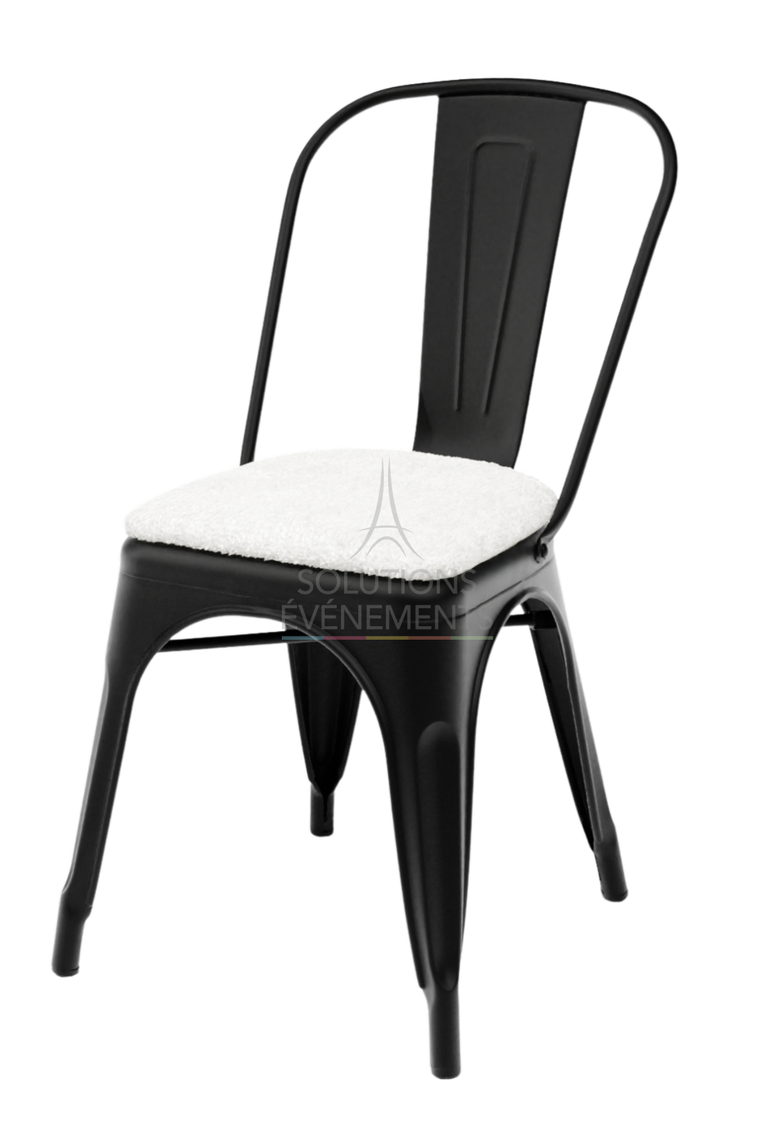 Industrial chair rental in black metal with white loop cushion