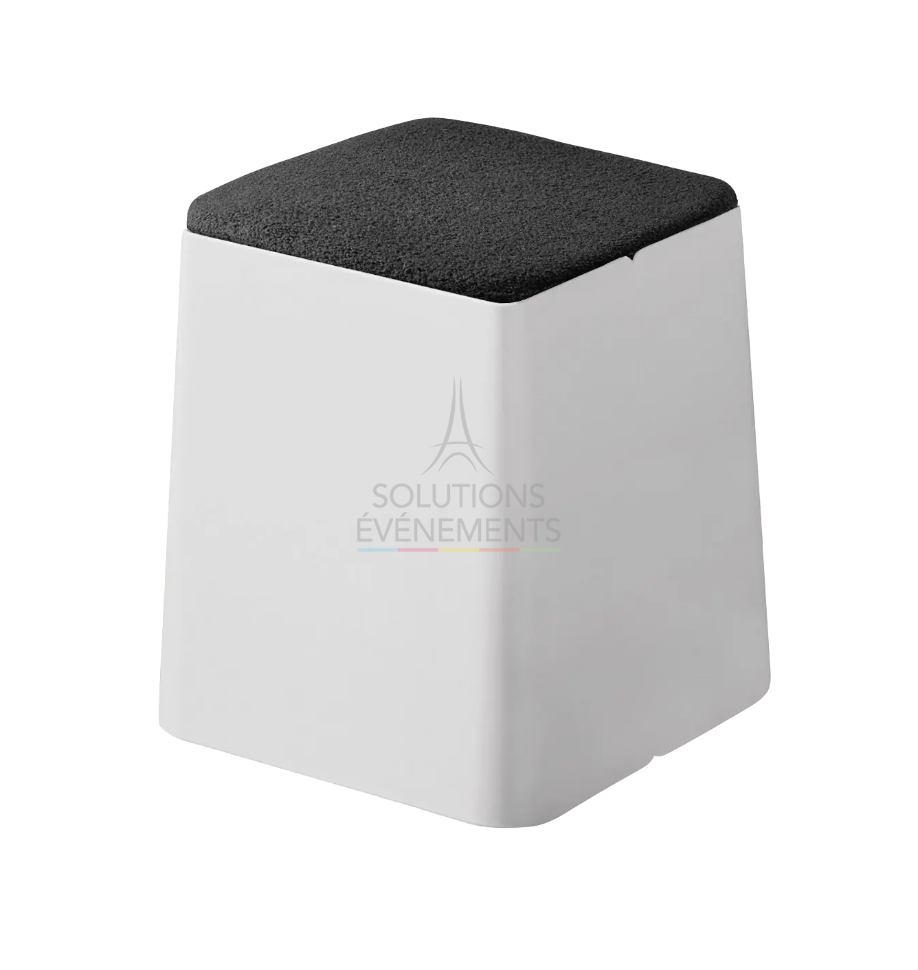 Rental white pouf with black cushion