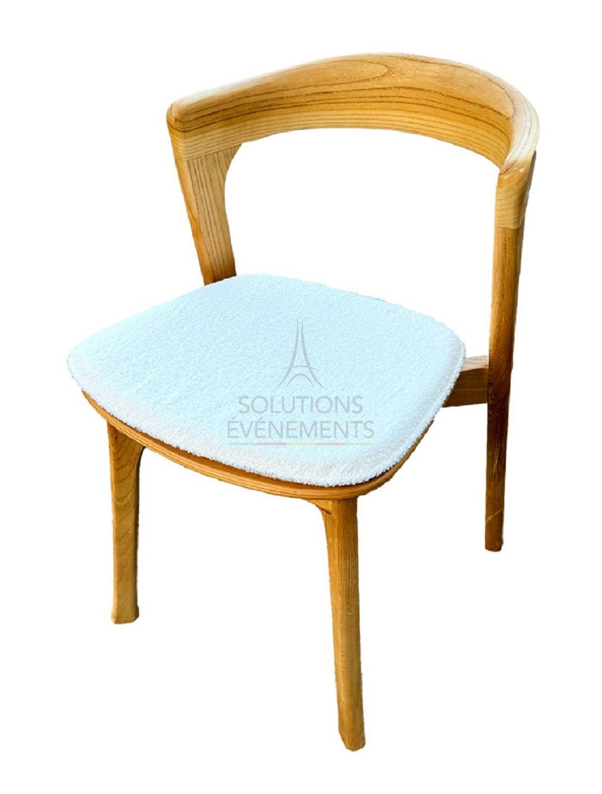 Location chaise en bois de chêne naturel avec coussin style bouclette