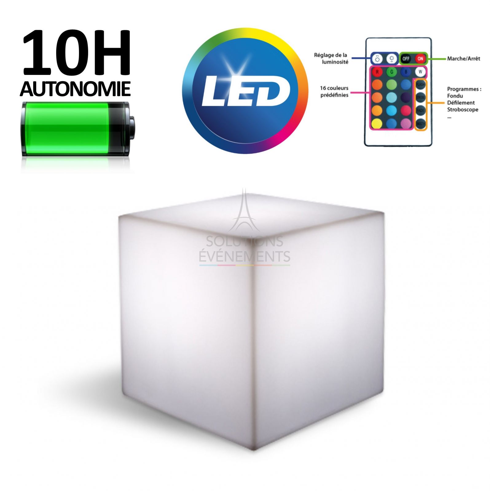 Location de cubes lumineux 40x40x40cm avec eclairage LED sur batterie