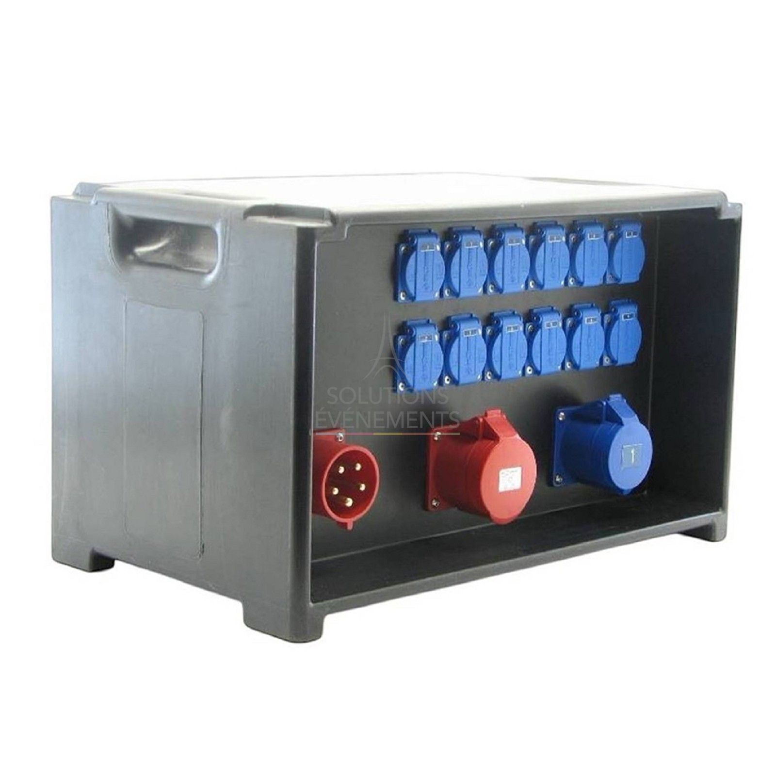 Location de coffret 32A triphasé avec 12 sorties 16A mono, 1 sortie 32A mono et 1 sortie recopie 32 triphasée