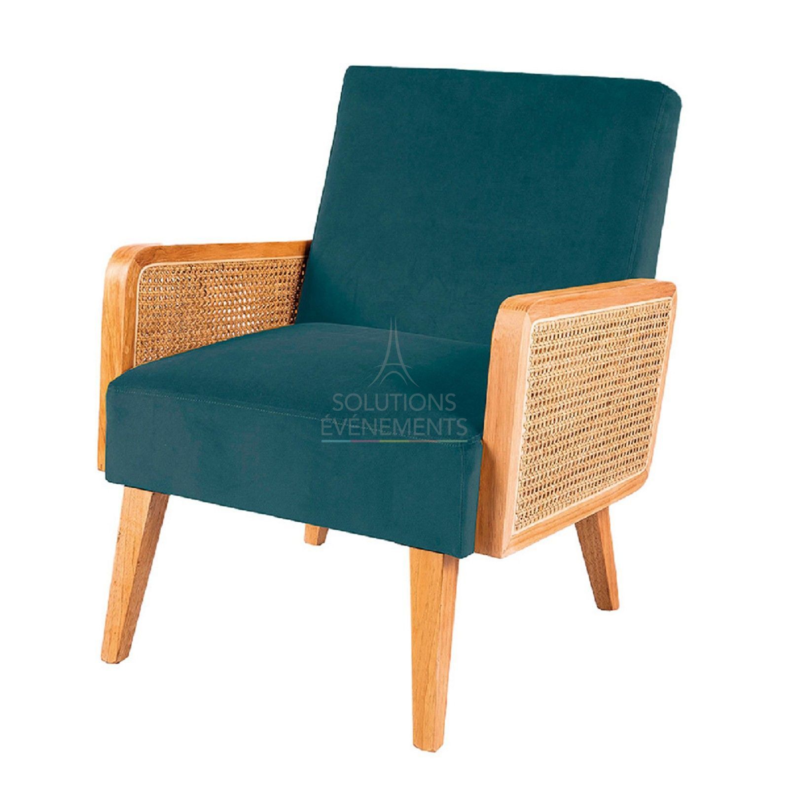 Location fauteuil velours couleur bleu canard avec cannage rotin boheme