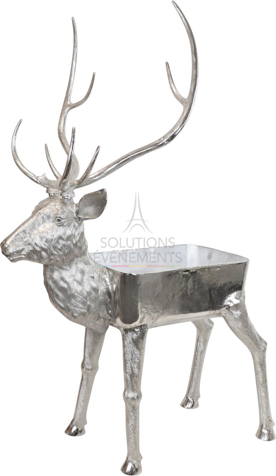 Location statue cerf géant argenté en aluminium pour Noël