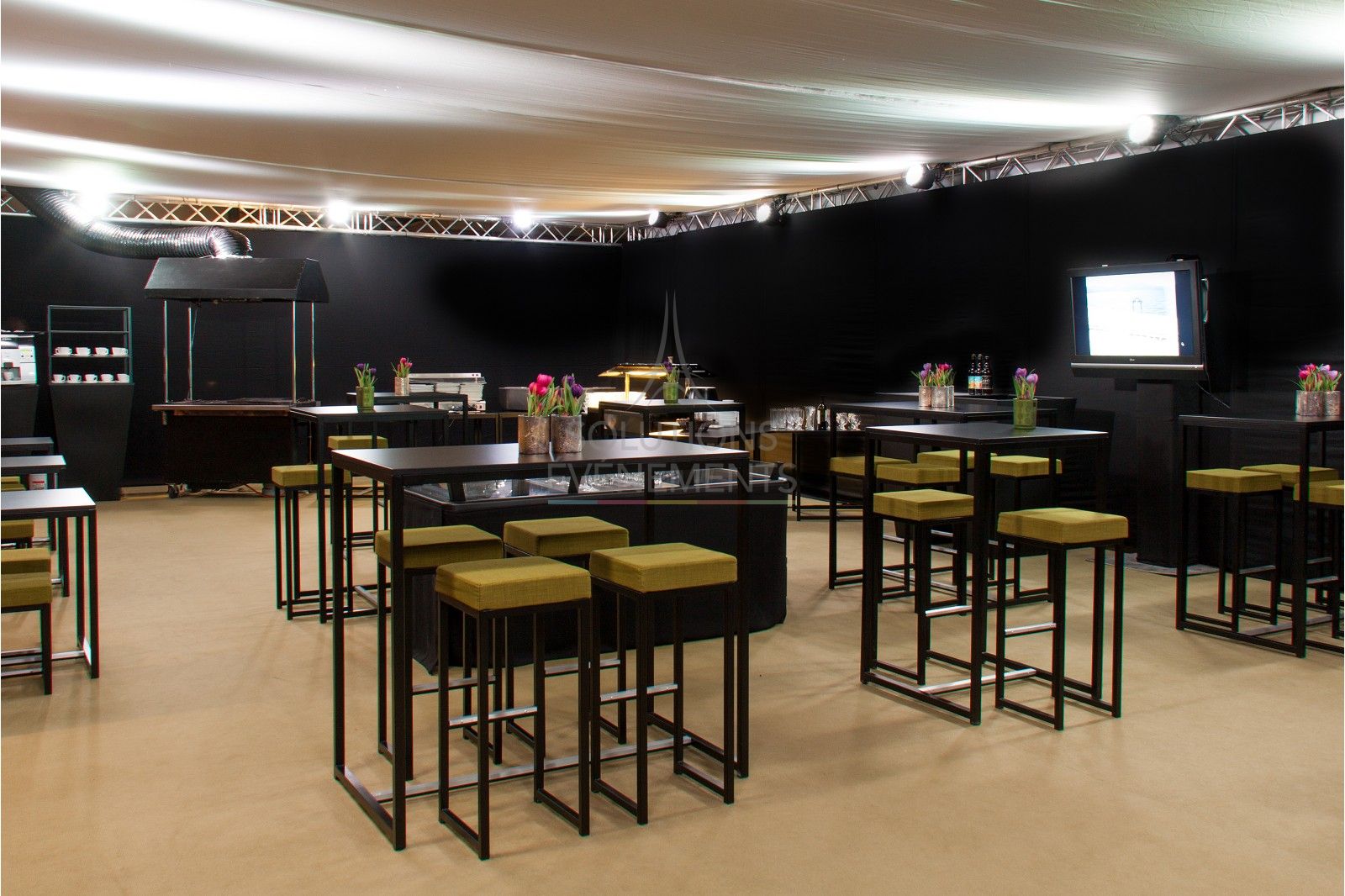 Kubo Black high stool - Gray fabric pouf - Visual 3