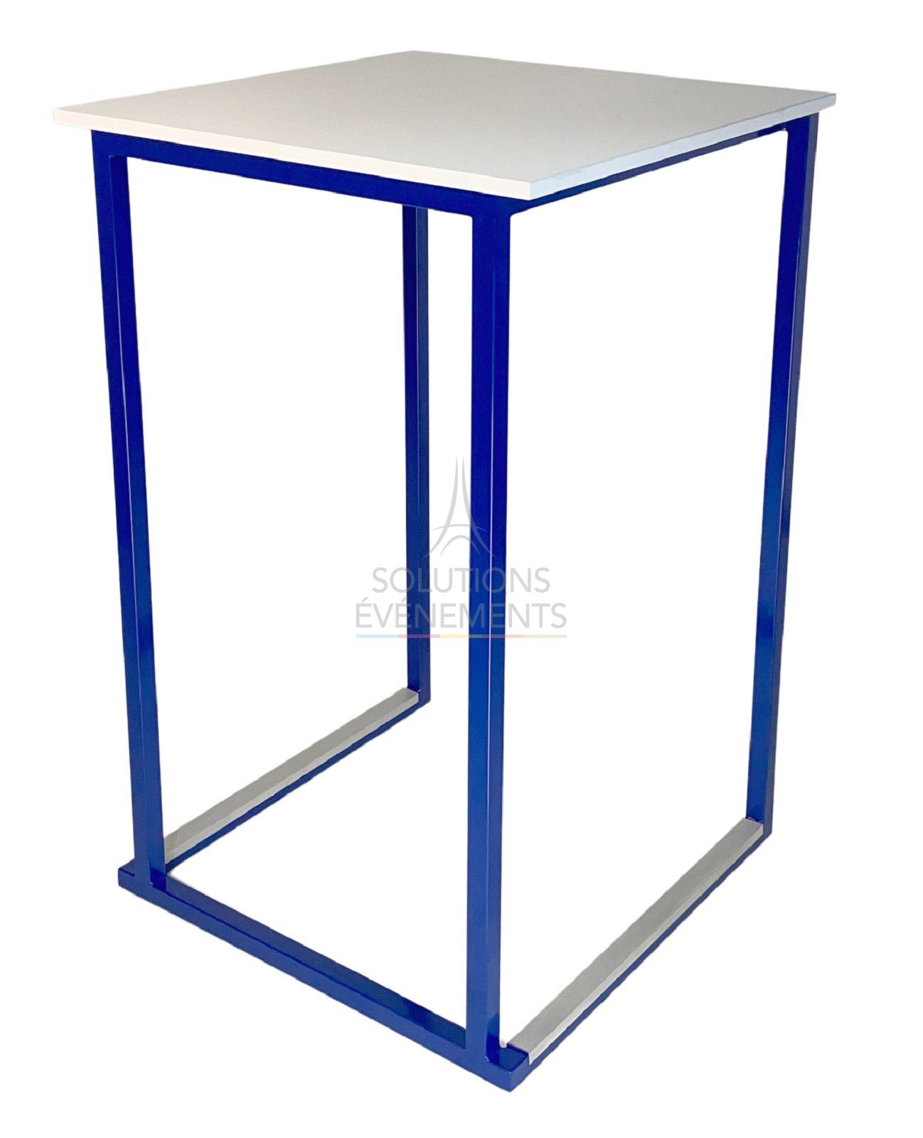 Kubo blue high table rental with white top