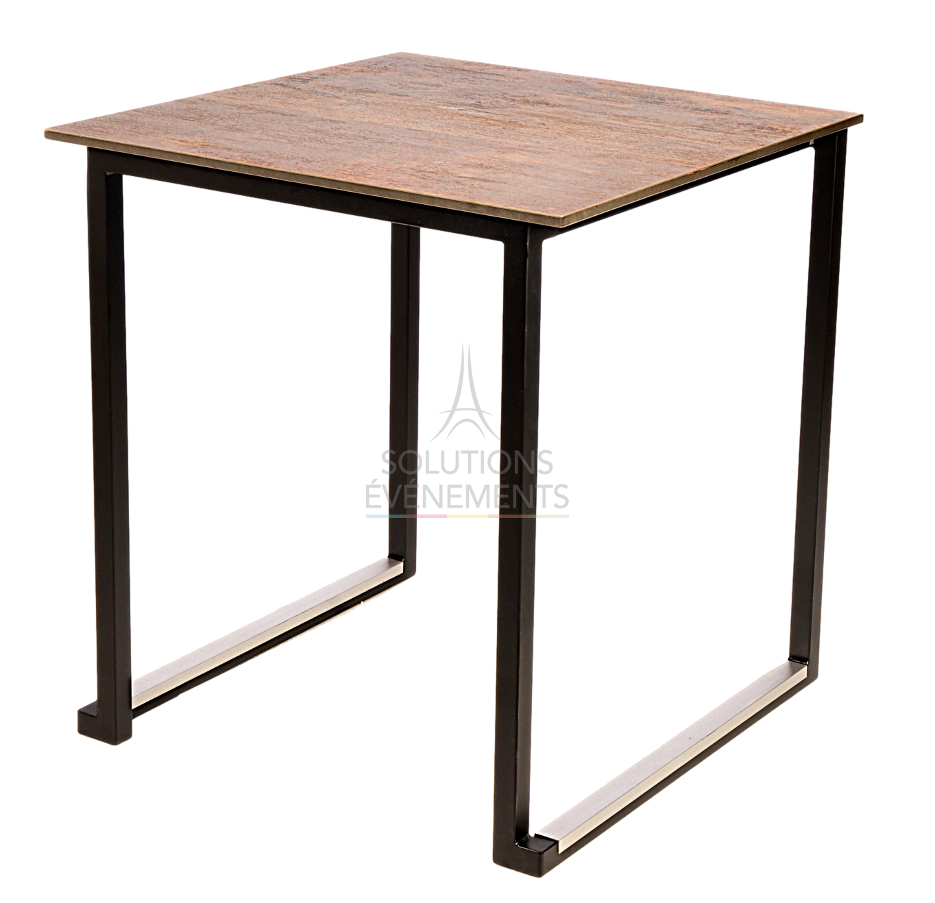 Rental of a gueridon table with a square rust-effect top