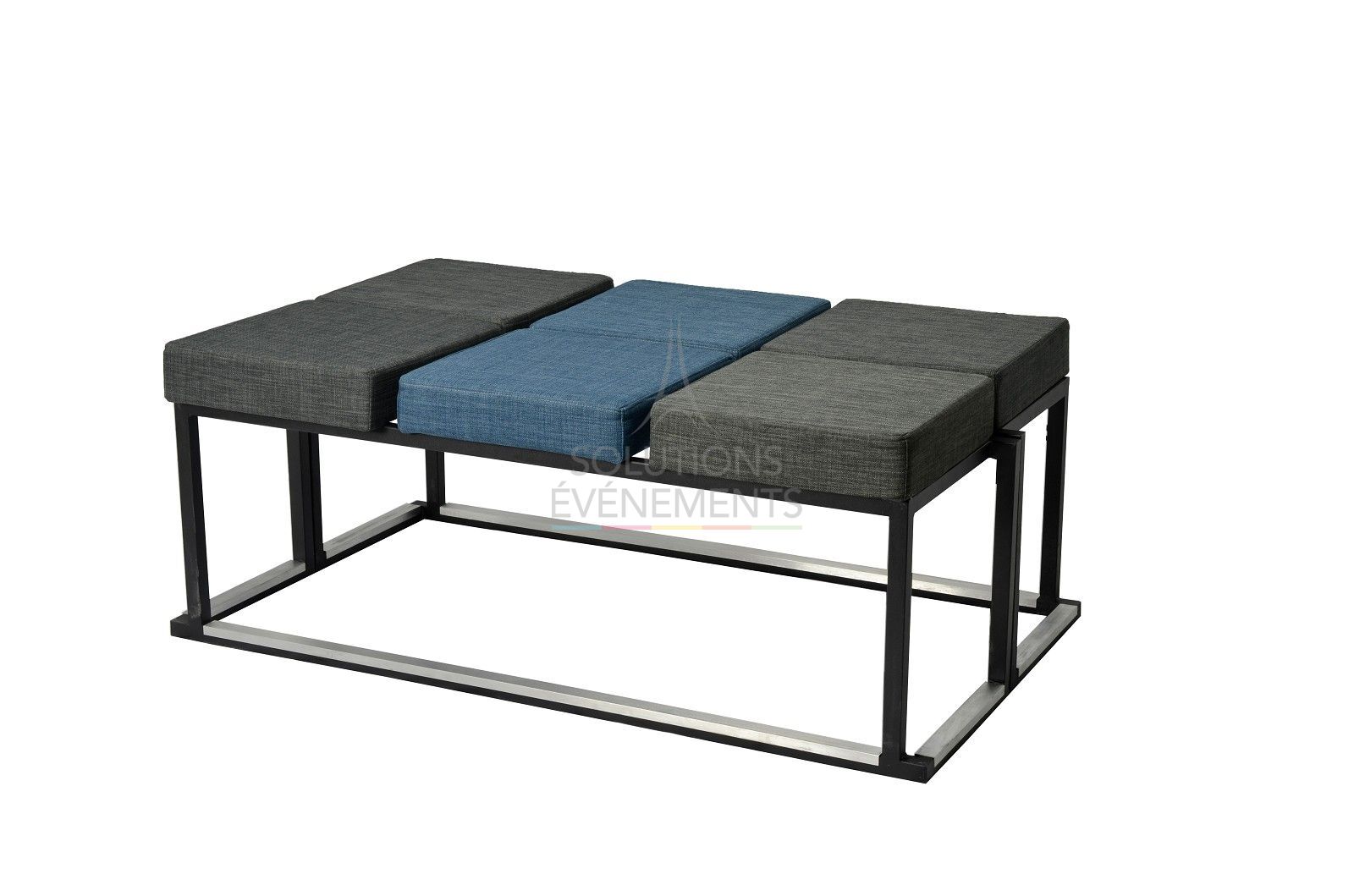 Rental designer bench in gray and blue fabric
