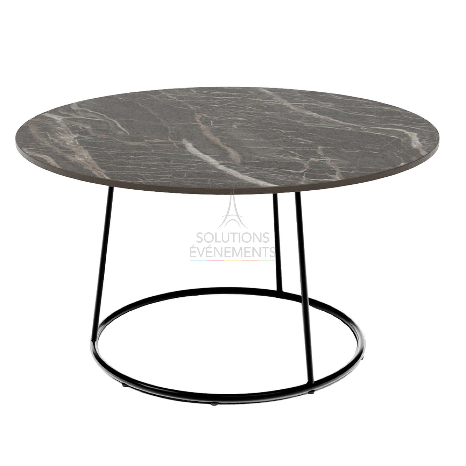 Black chrome coffee table rental with black marble HPL top