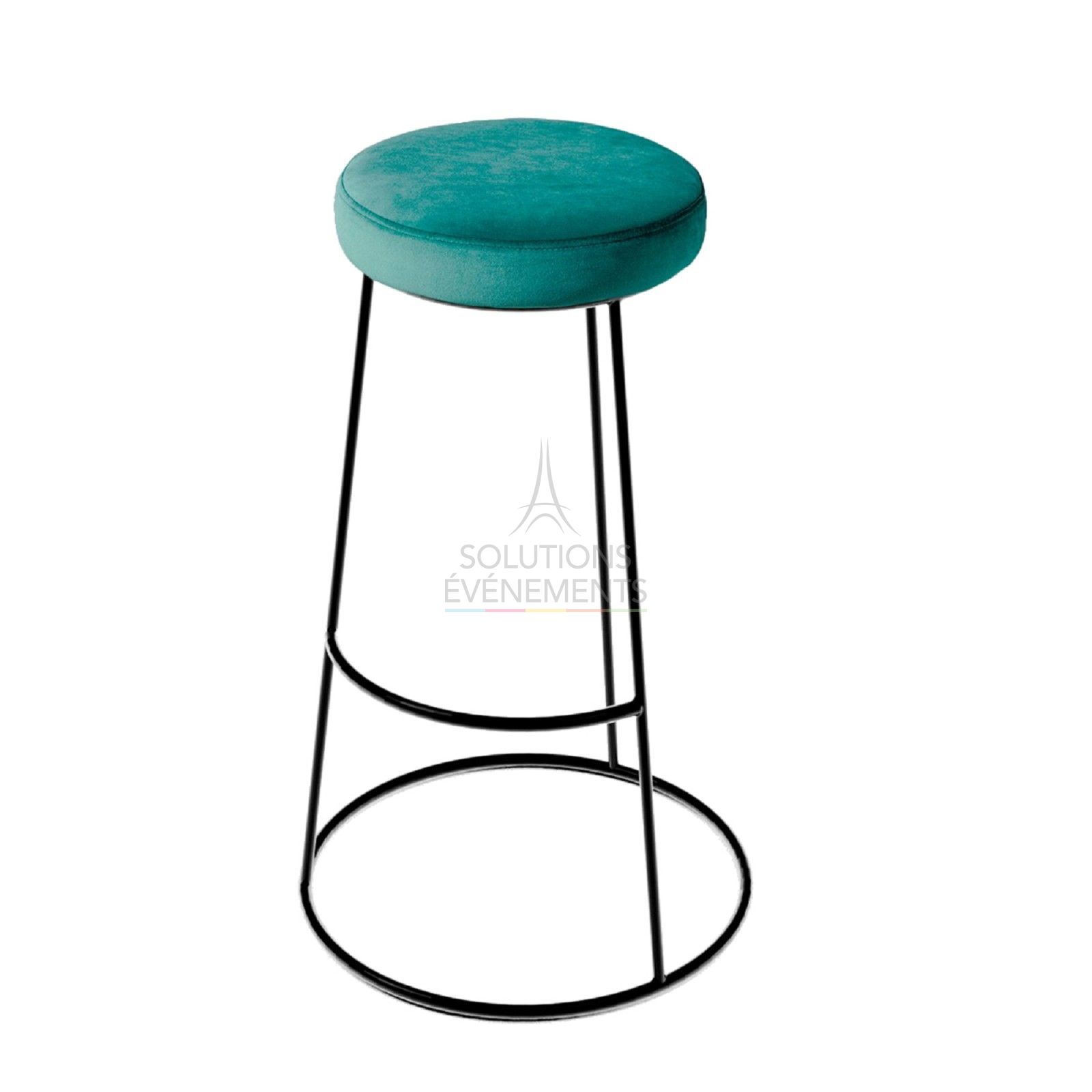 Rental black chrome high stool with green velvet pouf