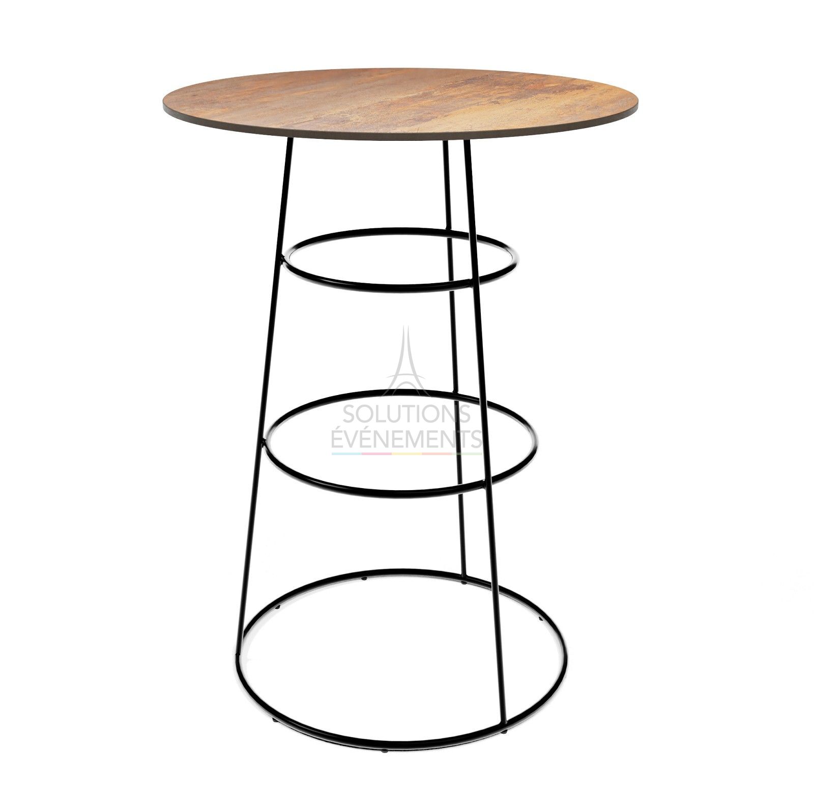 Rental of black chrome high table with rust effect HPL top