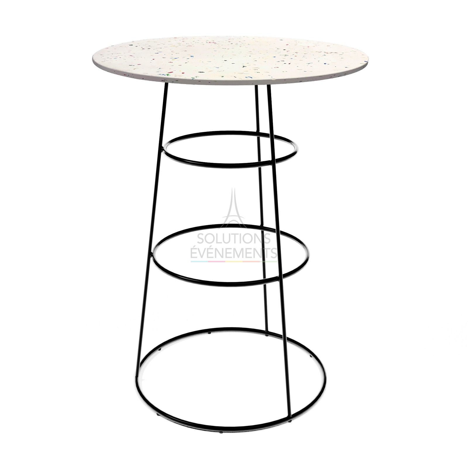 Rental of black chrome high table with recycled terrazzo effect top