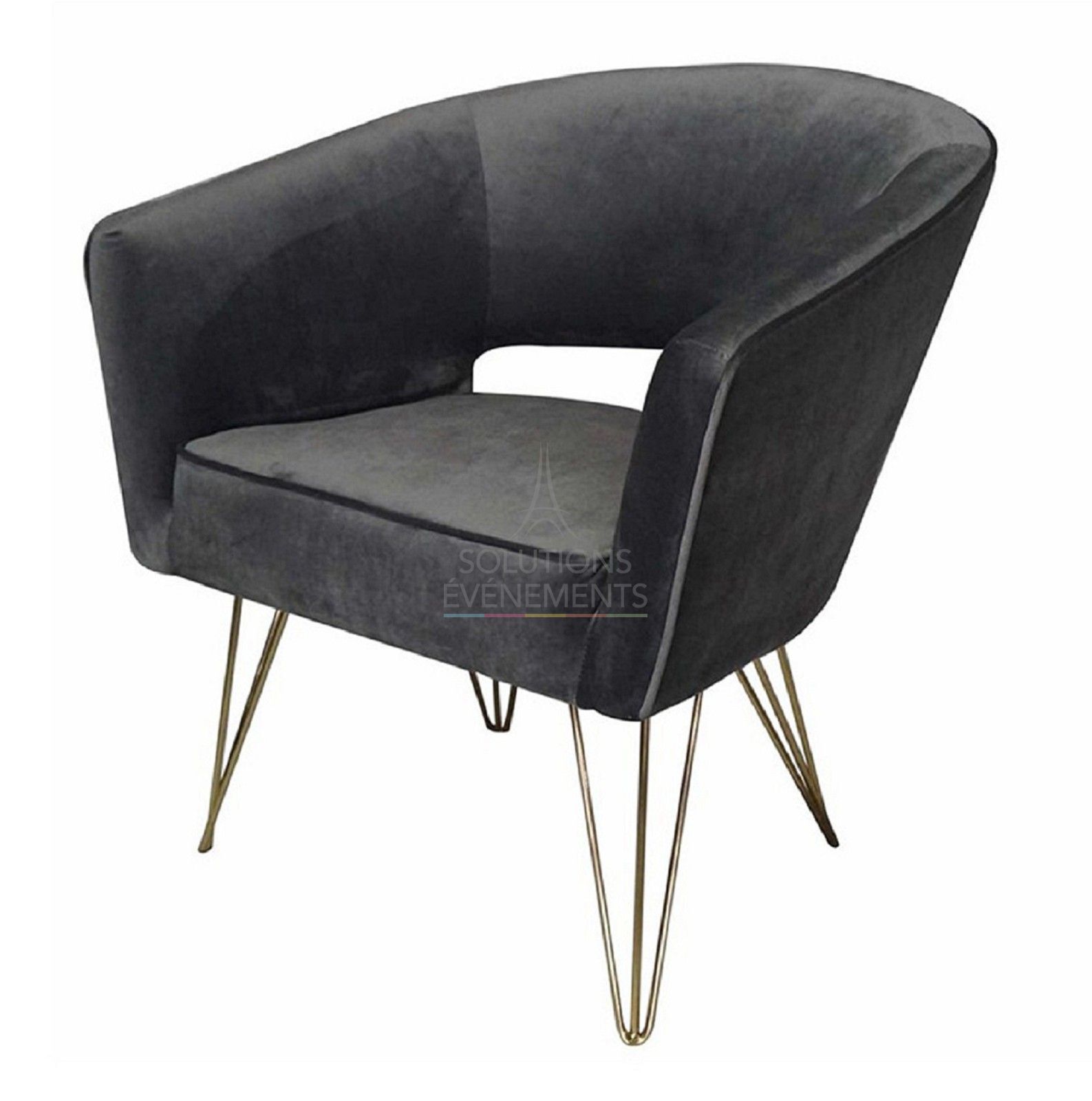 Rental of anthracite gray velvet armchair with gold-colored gold legs