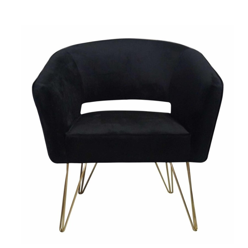 Rental black velvet armchair with gold legs