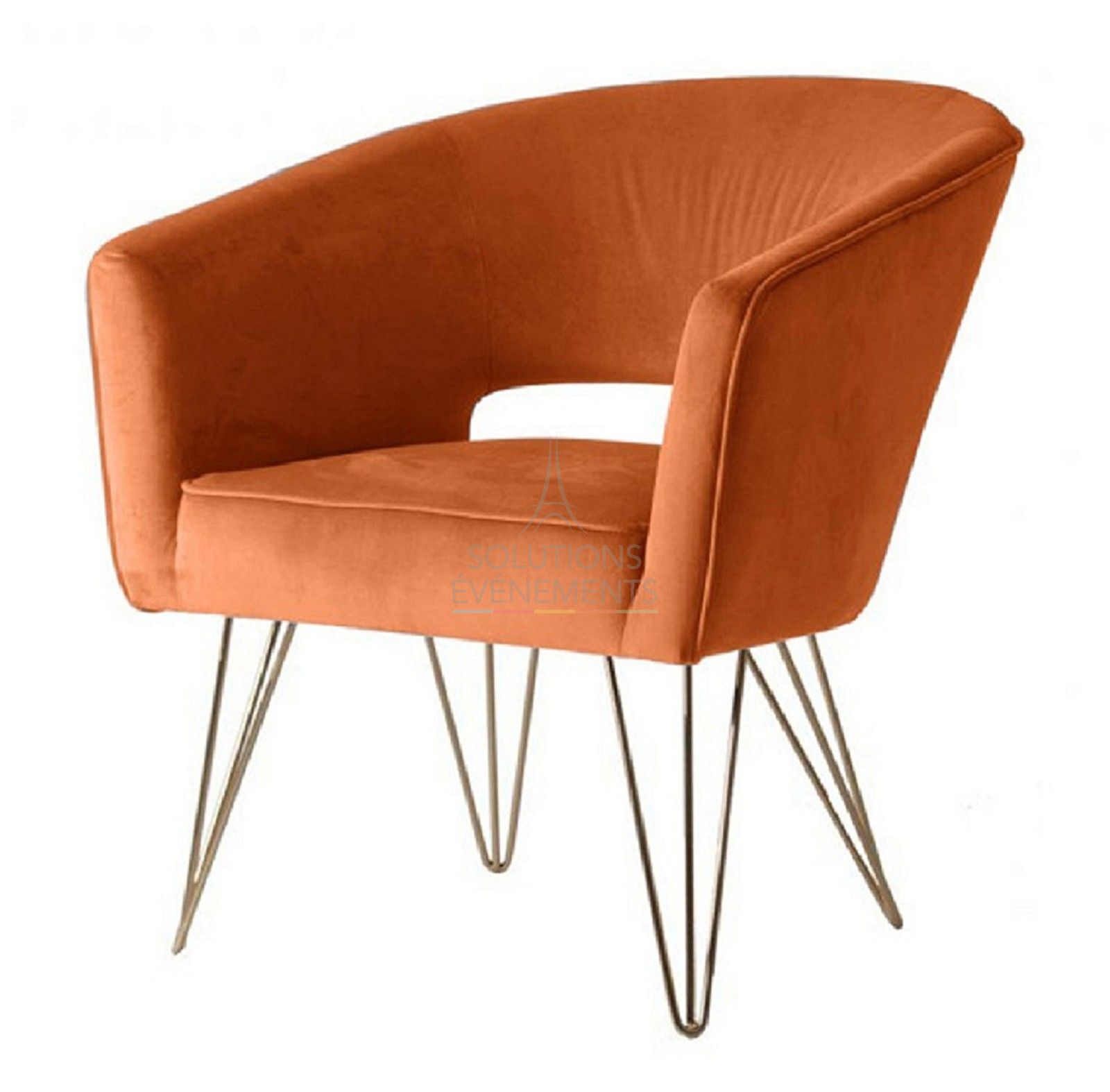 Rental orange velvet armchair with gold legs