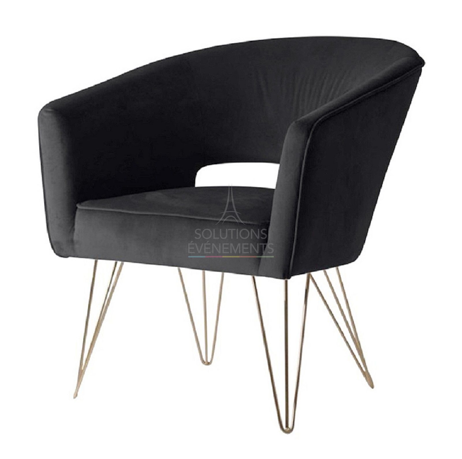 Location fauteuil velours noir avec pieds dorés