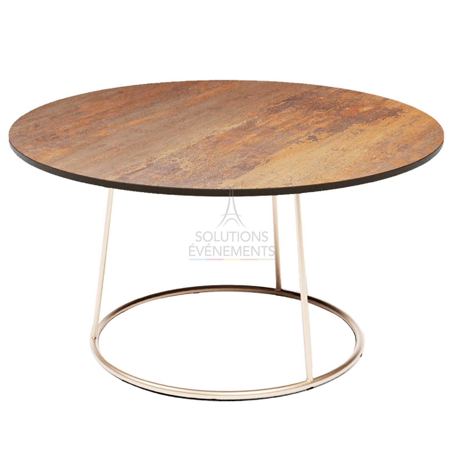 Rental of gold chrome coffee table with rust-effect HPL top