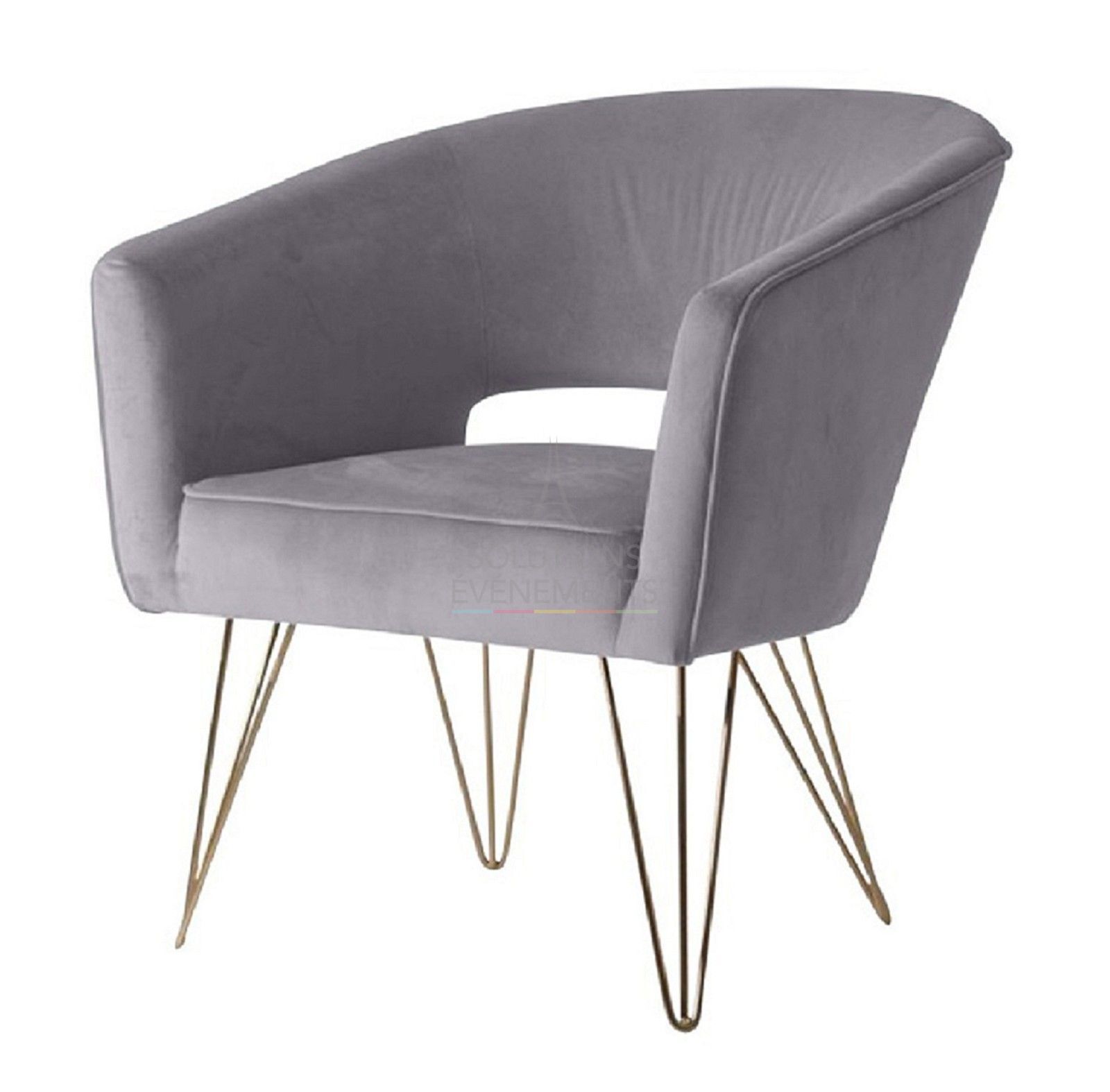 Location fauteuil design velours gris avec pieds dorés