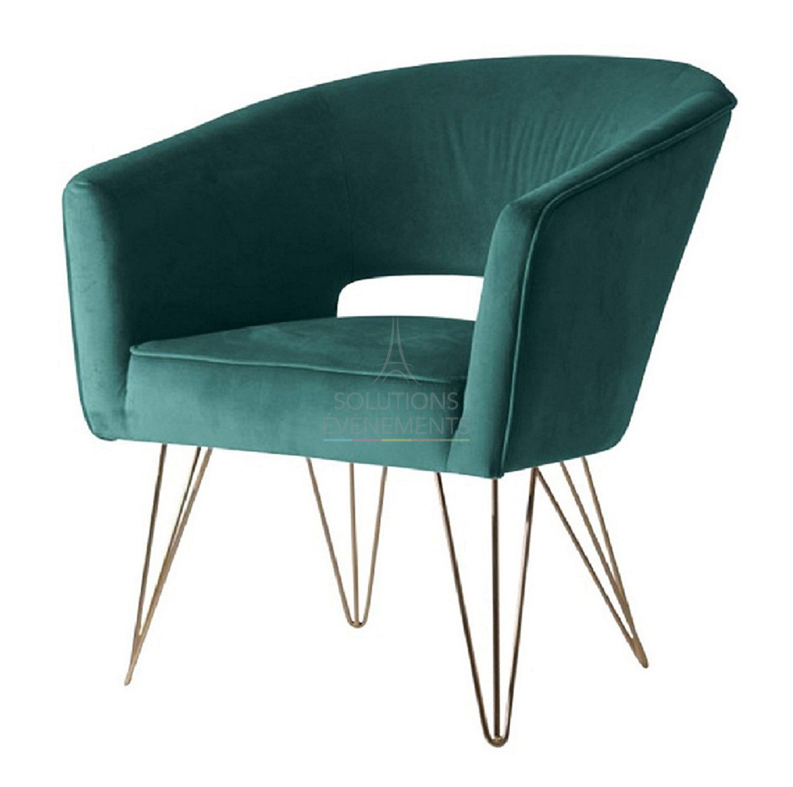 Location fauteuil velours vert avec pieds dorés