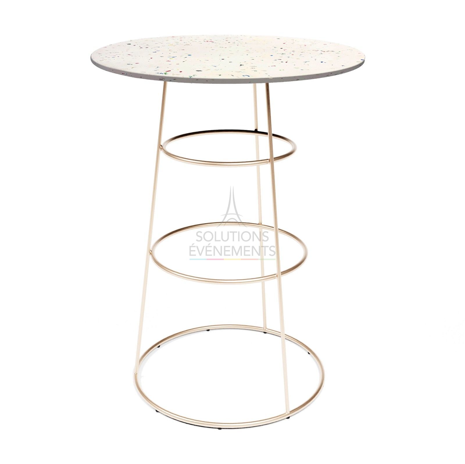 Rental of gold chrome high table with recycled terrazzo effect top