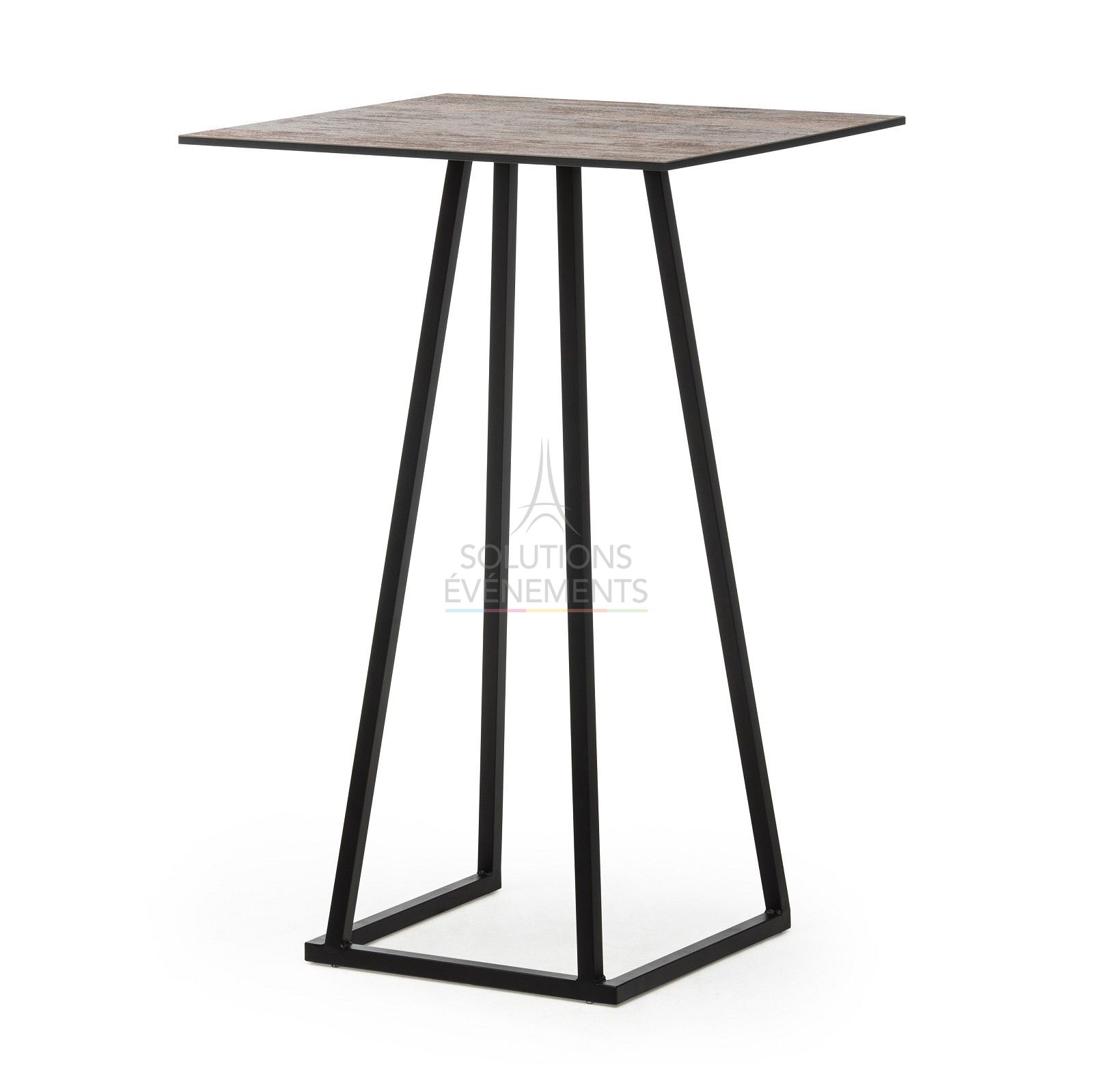 Location de table haute noire avec plateau carré factory.