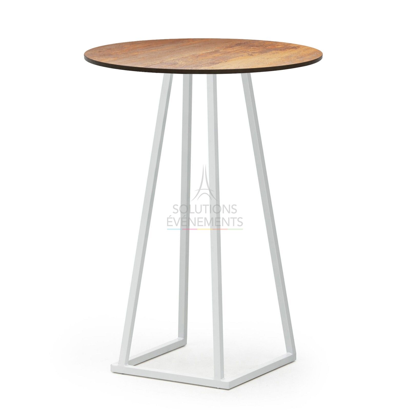 Location de table haute noire avec plateau arrondi HPL effet rouille
