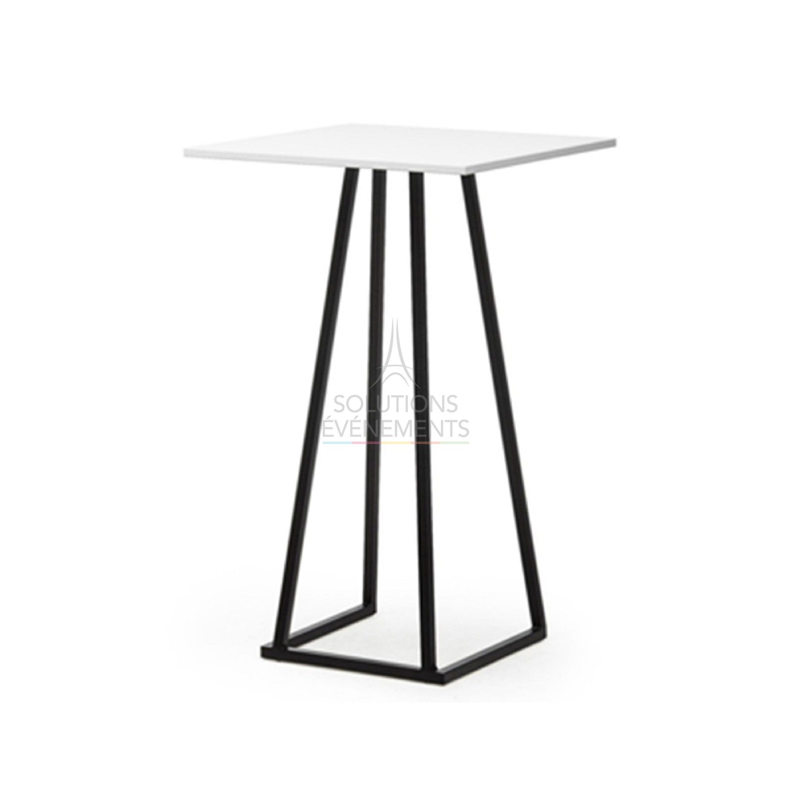 Location de table haute noire avec plateau carré blanc.