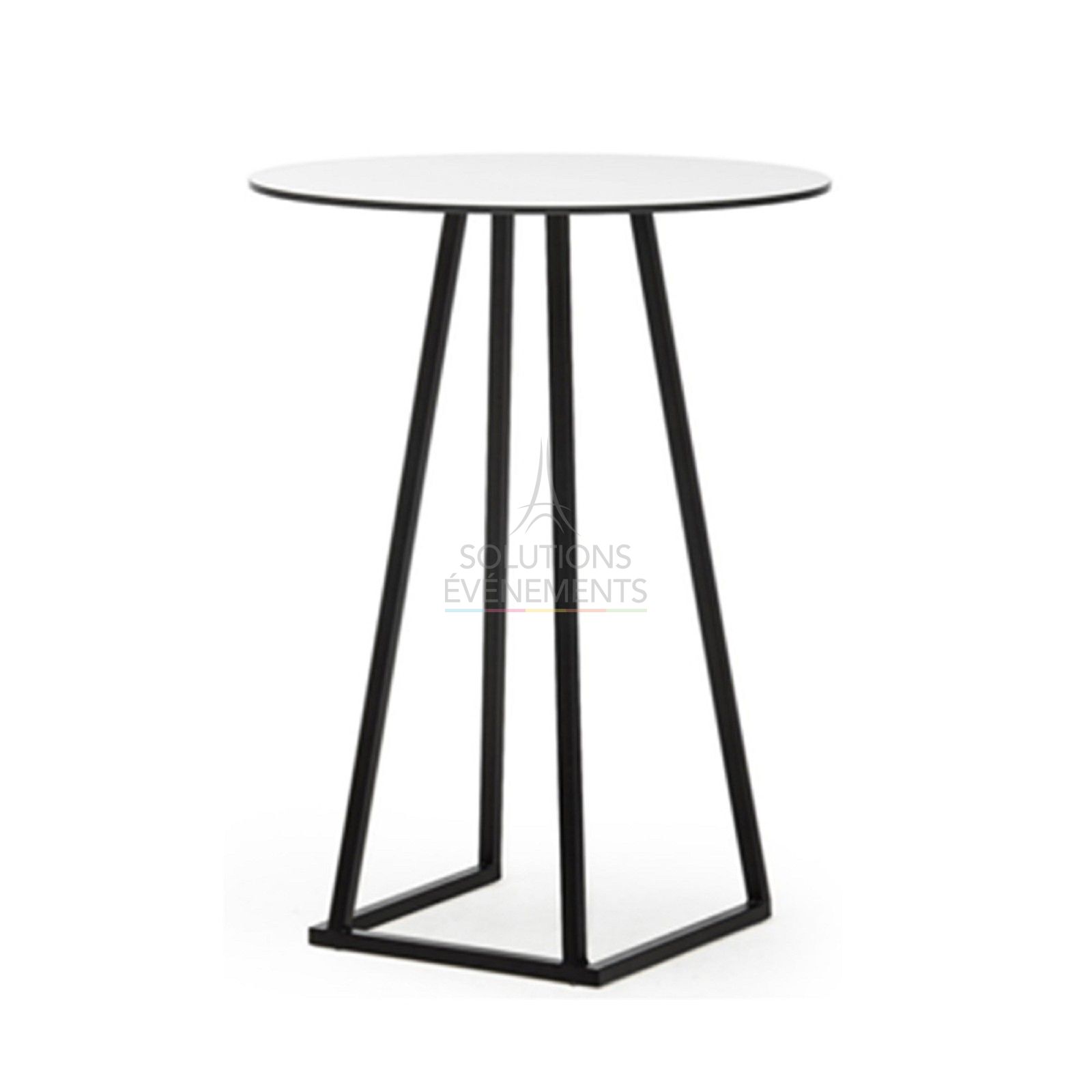 Location de table haute noire avec plateau arrondi en mélaminé blanc