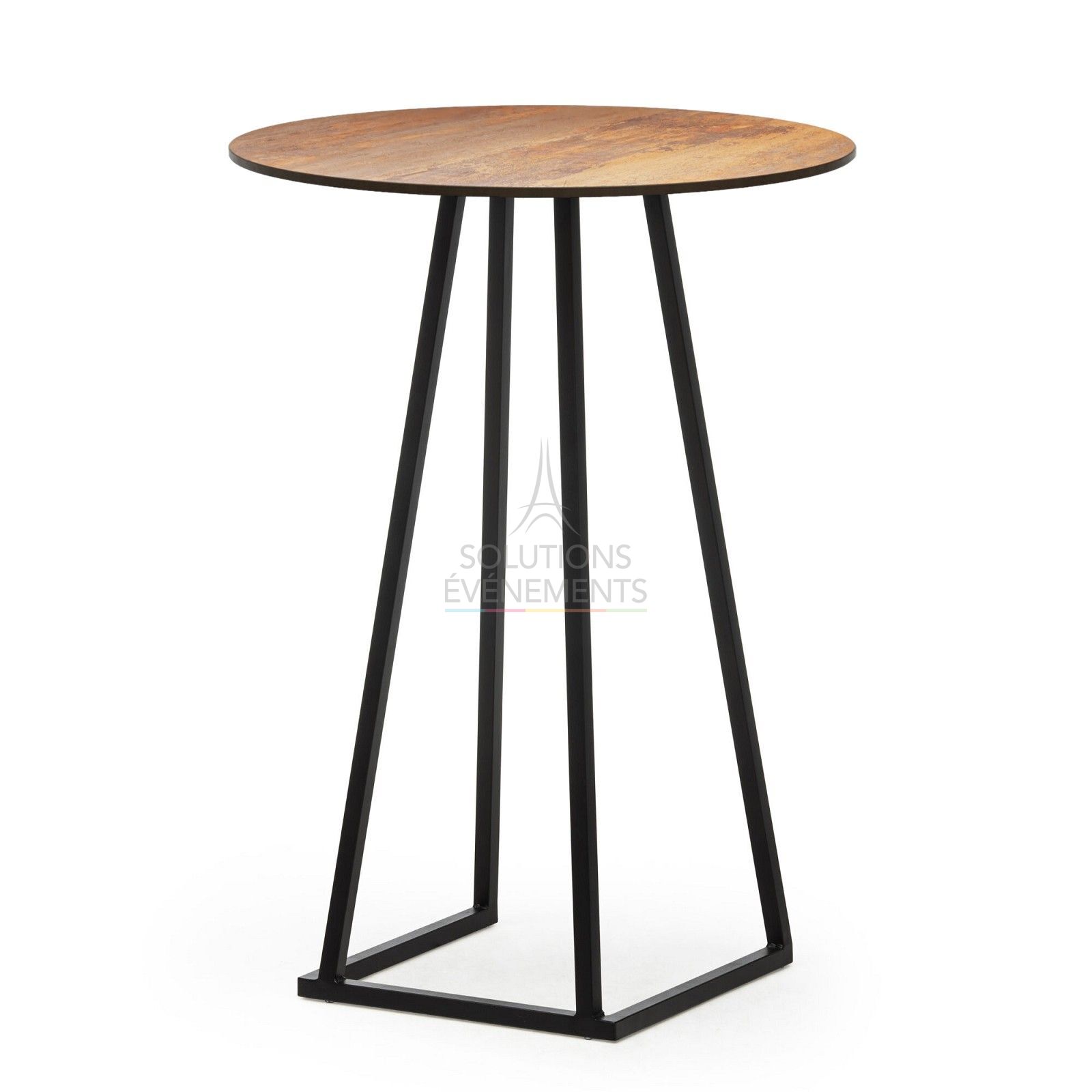 Location de table haute noire avec plateau arrondi HPL effet rouille
