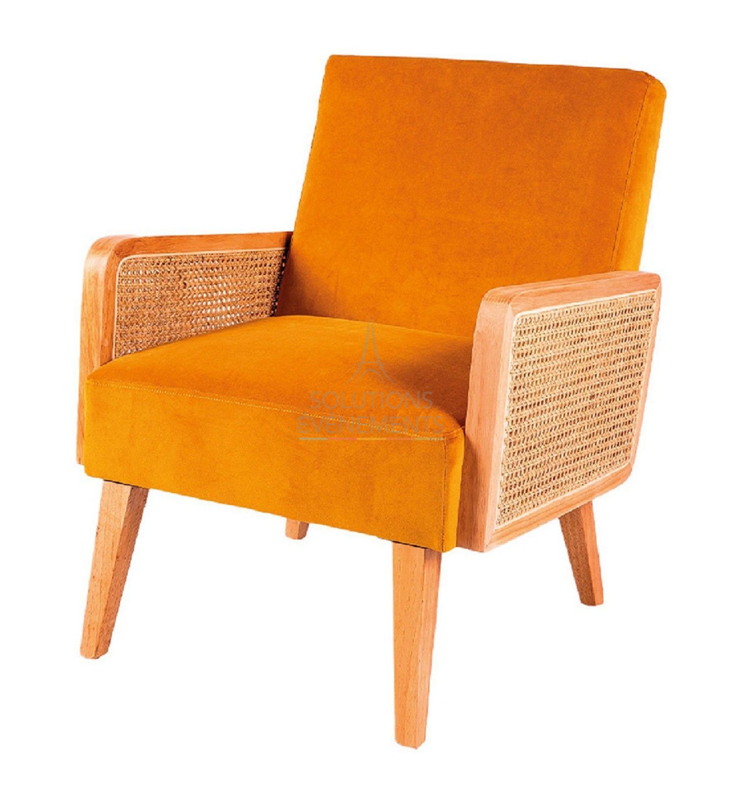Mustard yellow velvet armchair rental with bohemian rattan canework