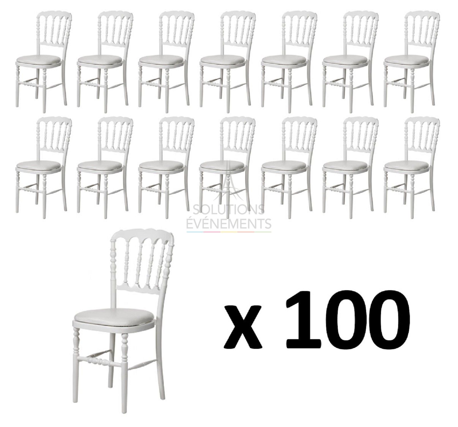 Location de 100 chaises Napoleon recyclables blanches avec assise blanche