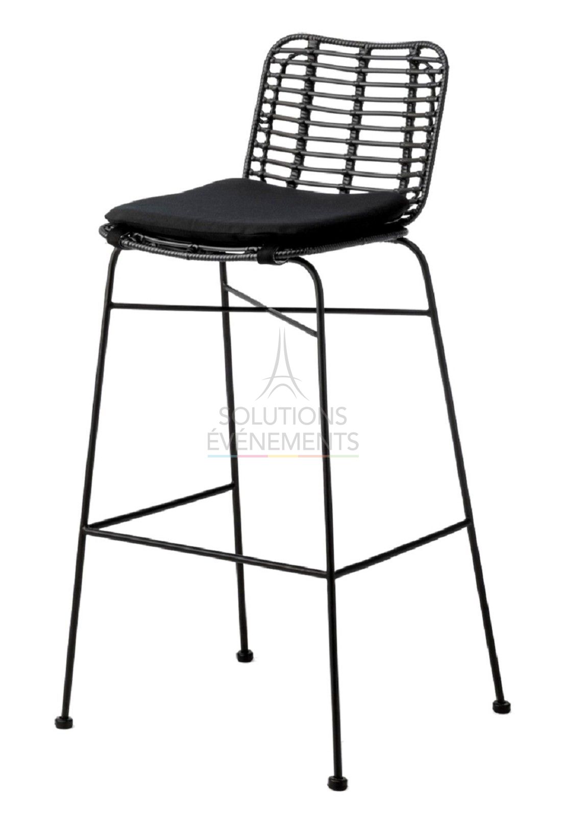 Rental black rattan Palm bar chair with cushion