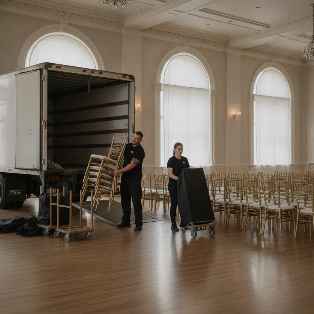 Équipe déchargeant des piles de chaises Napoléon dorées d'un camion dans une salle de réception aux grandes fenêtres cintrées