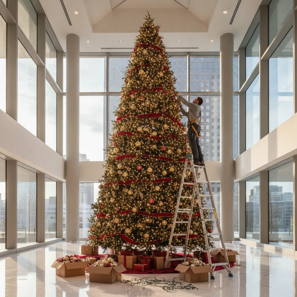 Sapin de Noël décoré installé dans des locaux d'entreprise pour les fêtes de fin d'année