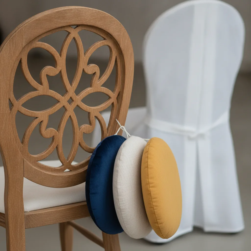 Dossier ajouré d'une chaise en bois avec trois galettes d'assise bleu marine, écrue et moutarde, devant une chaise housée blanche