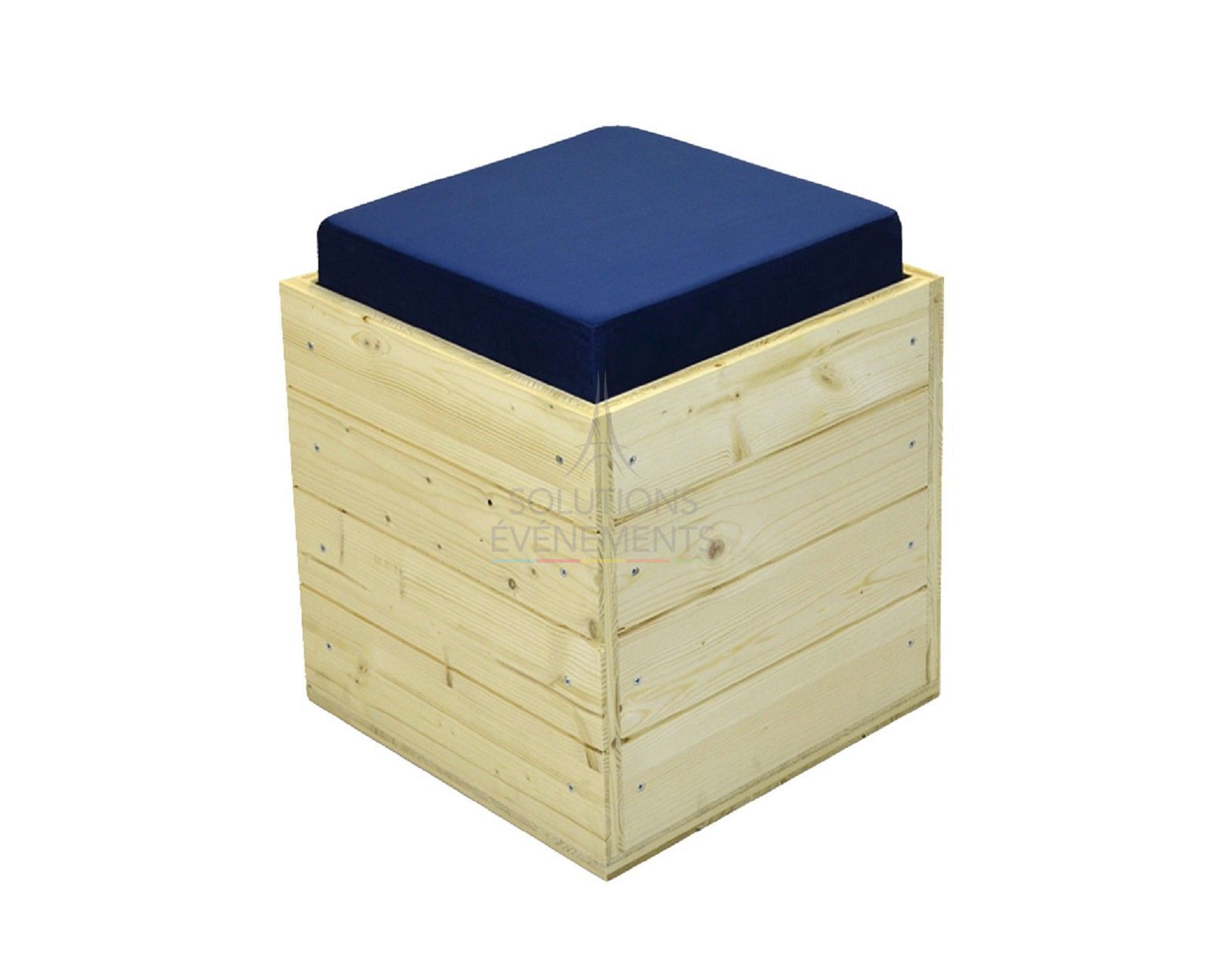 Location pouf bois éco-responsable velours bleu