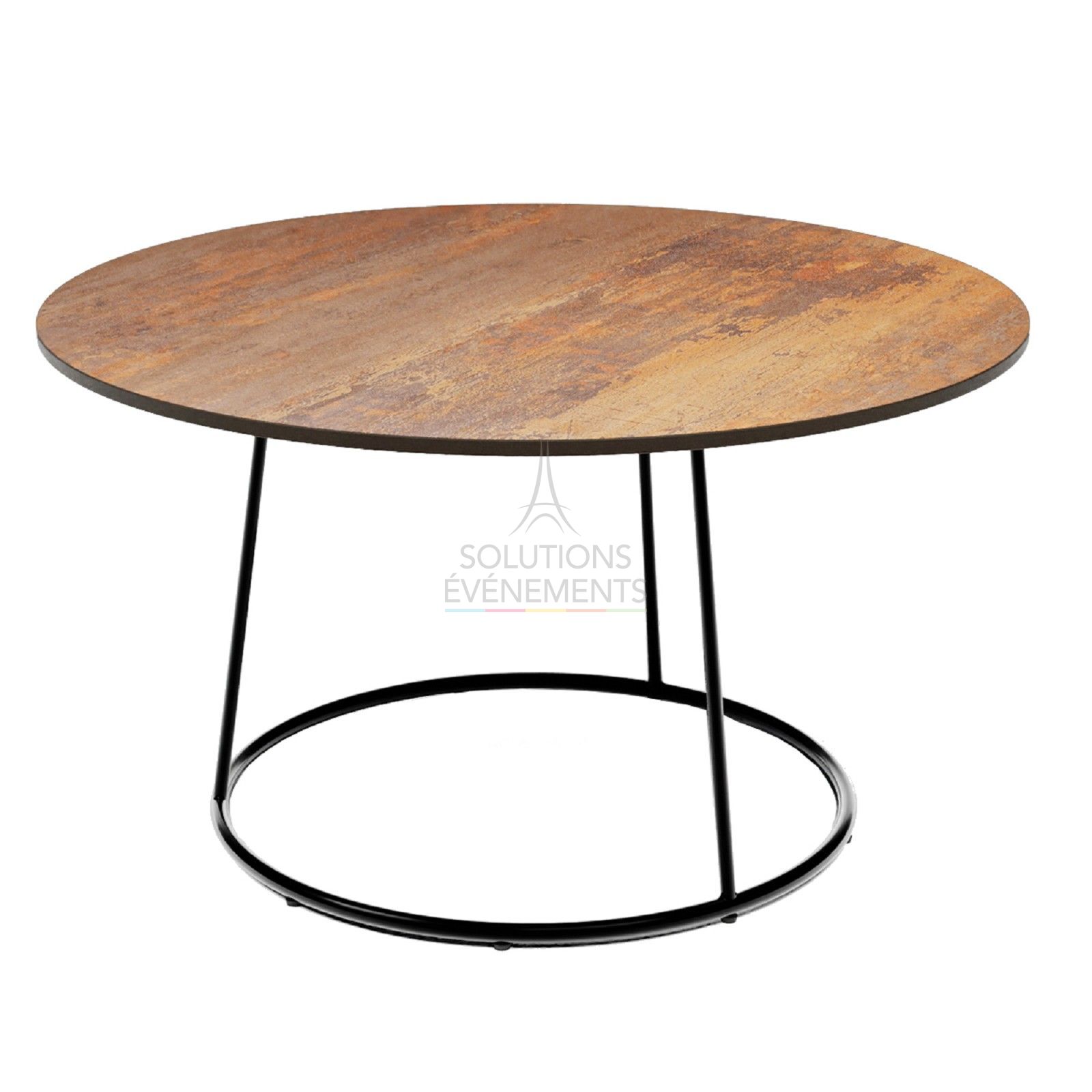 Location table basse chromé noir avec plateau HPL effet rouille