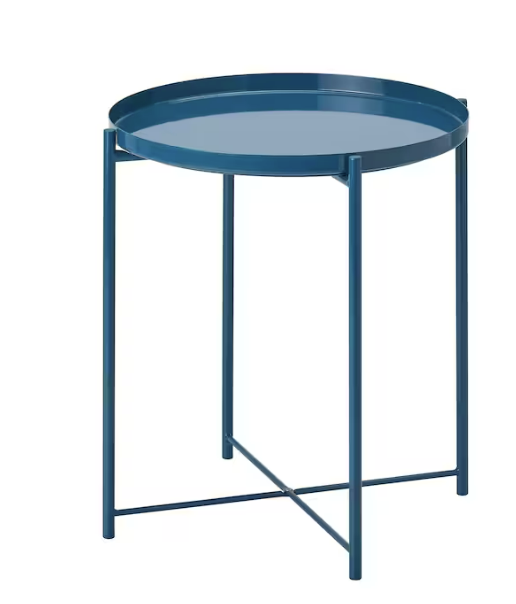 Location de table basse bleue en metal.