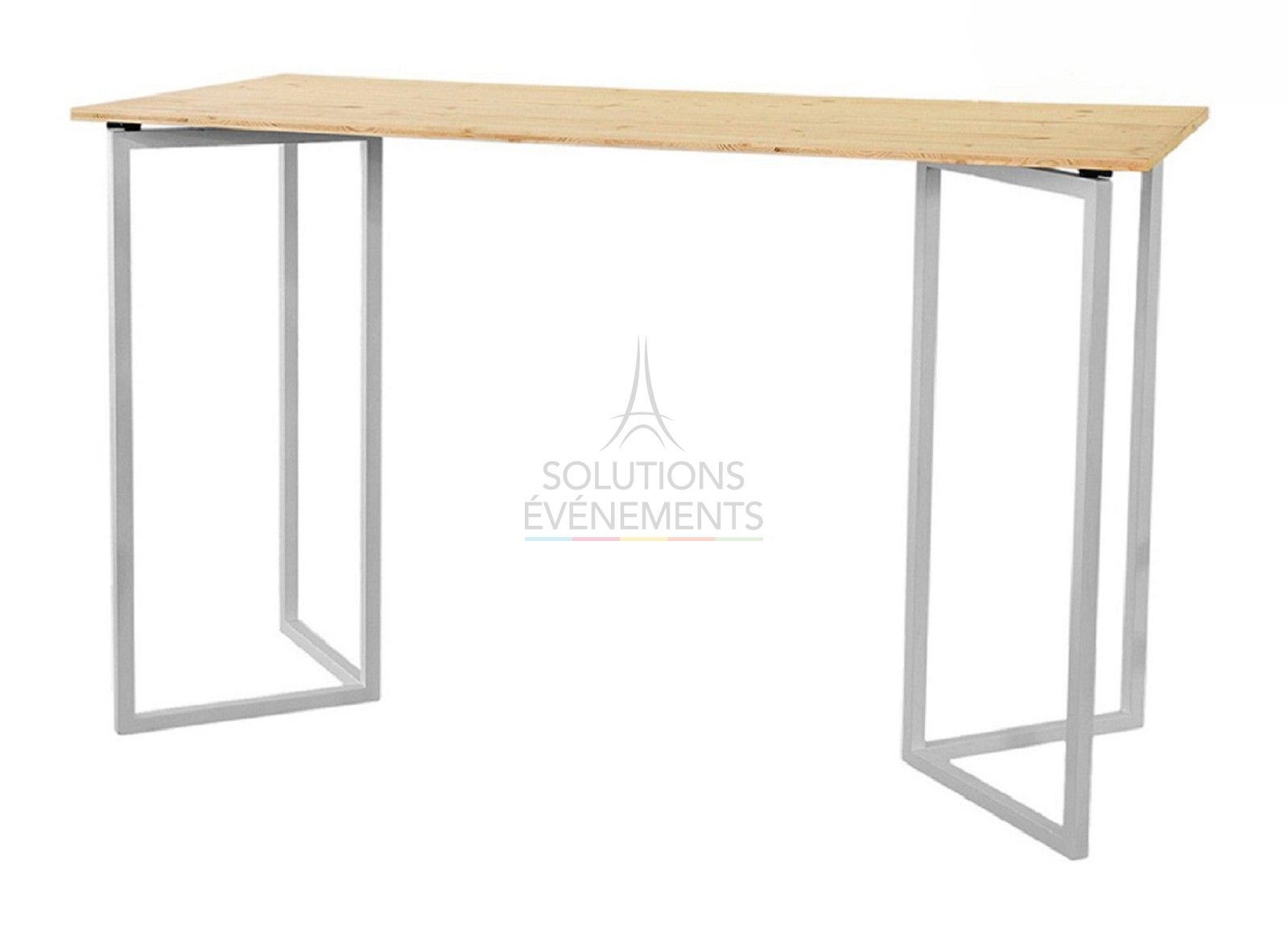 Location de table haute rectangulaire design blanc avec plateau bois éco-responsable