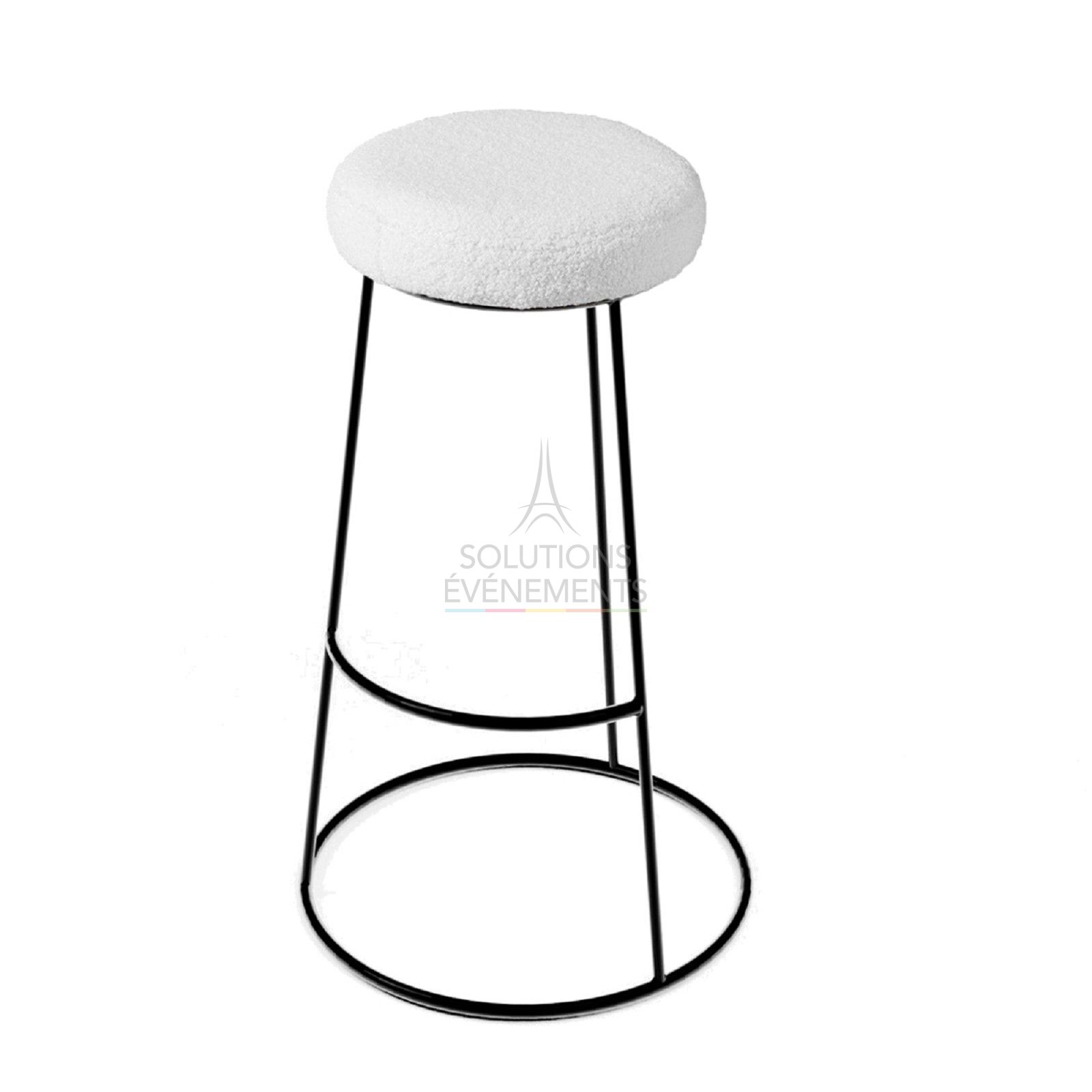 Location tabouret haut chromé noir avec pouf bouclette blanc