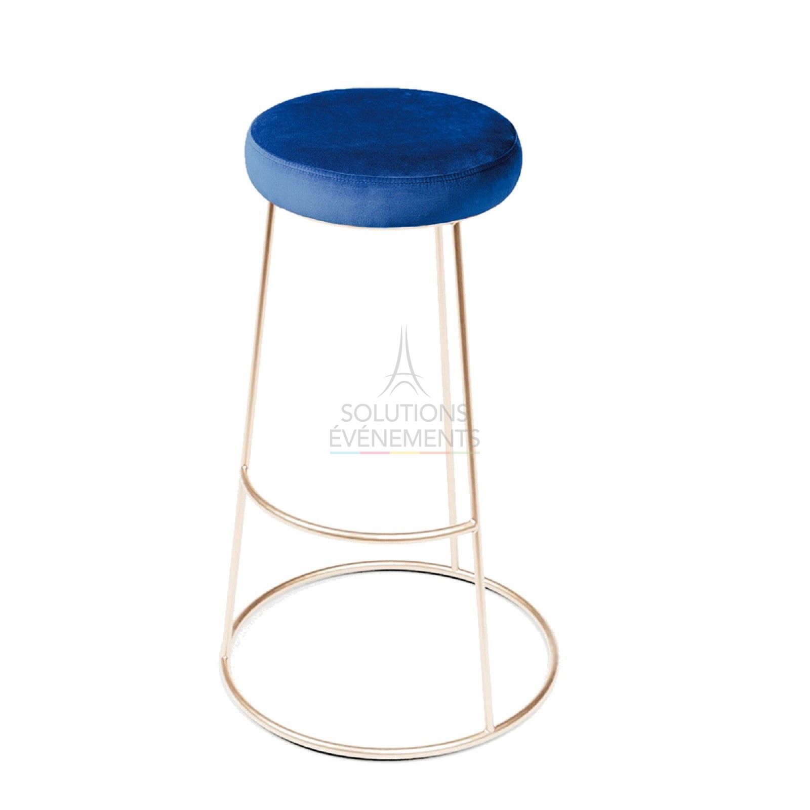 Location tabouret haut chromé or avec pouf velours bleu