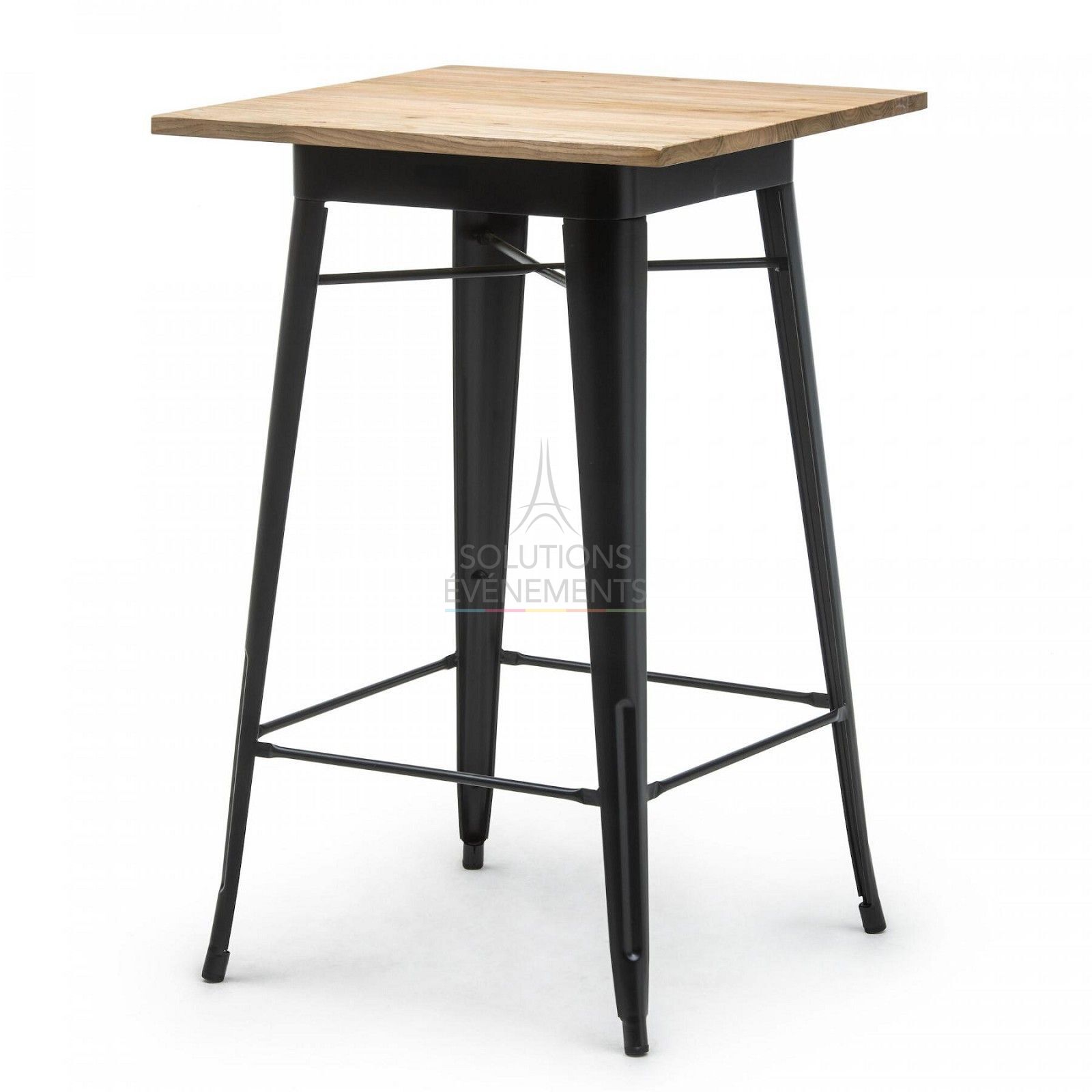Location de table haute industrielle Tolix avec plateau en bois
