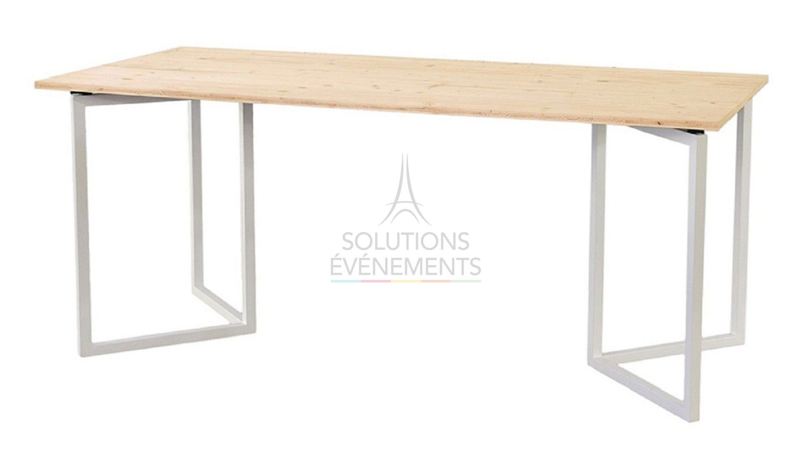 Rental of white designer rectangular table with eco-responsible wooden top