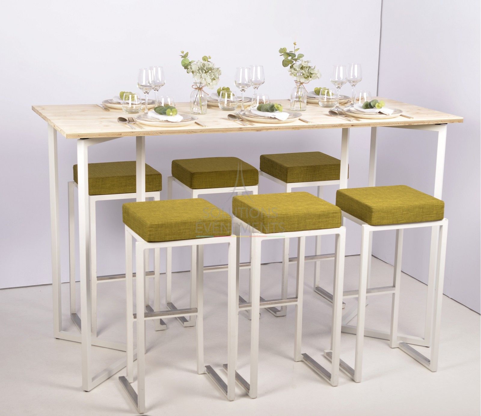 White Kubo high stool - Green fabric pouf - Visual 2