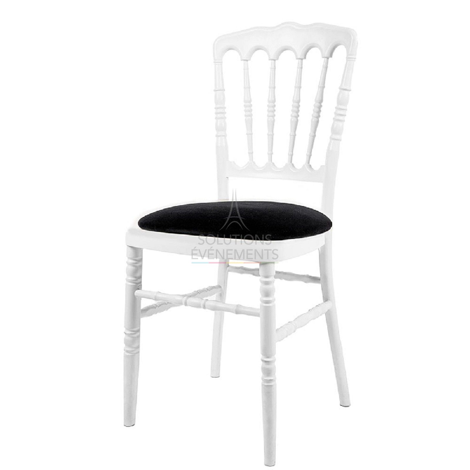 Rental of white napoleon chair with black seat