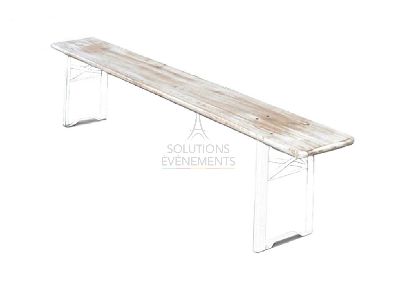 Rental of white wooden bench for brasserie table